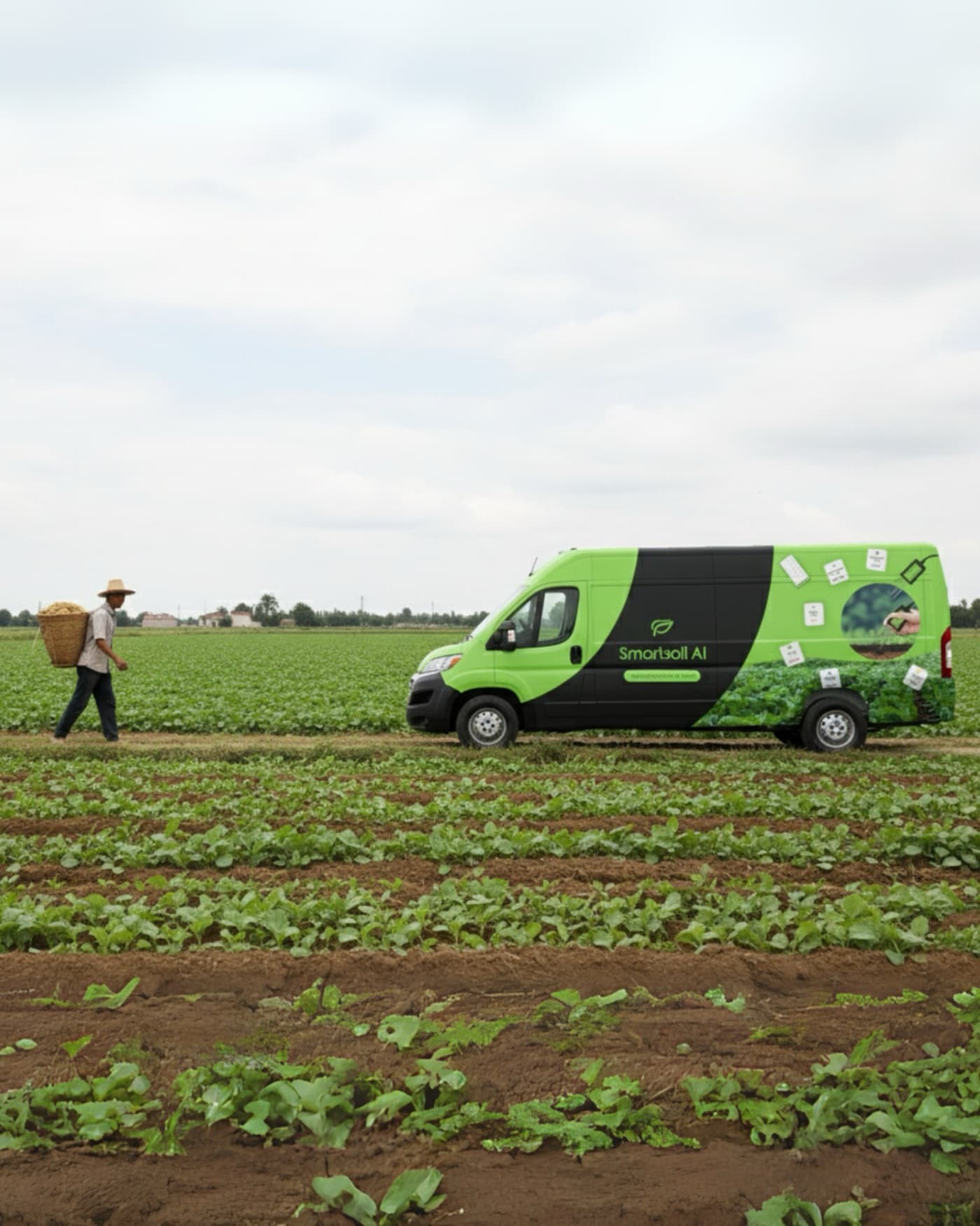 Une camionnette SmartSoil AI près d’un agriculteur qui marche dans des champs verts