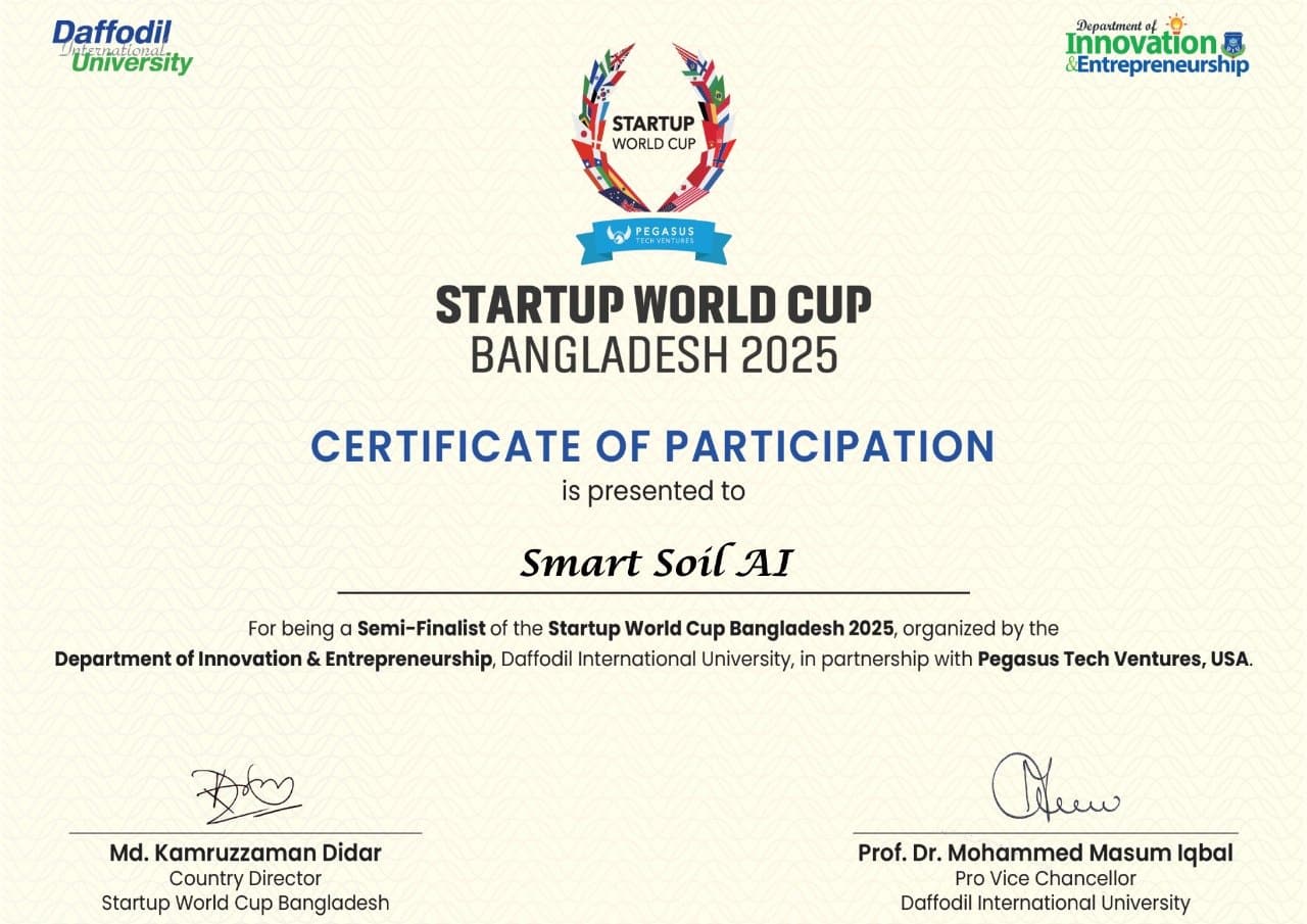 Startup World Cup Bangladesh 2025 — deelnamecertificaat, halve finalist, uitgereikt aan Smart Soil AI