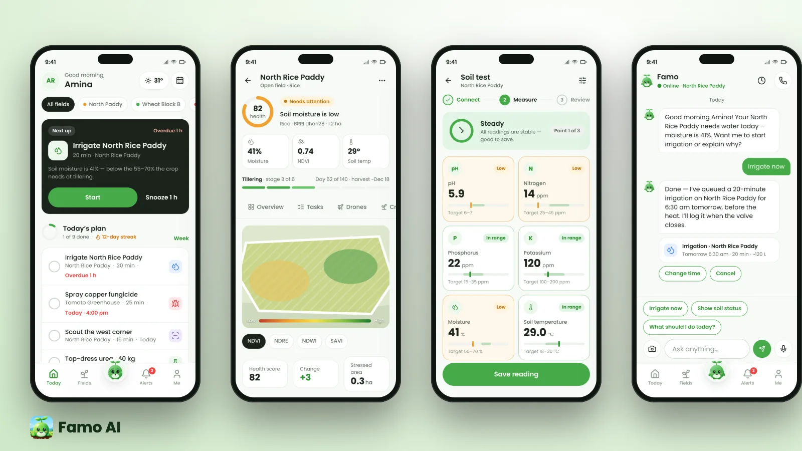 Screens from the Famo AI app: Today tasks, satellite report, soil test and advisor chat