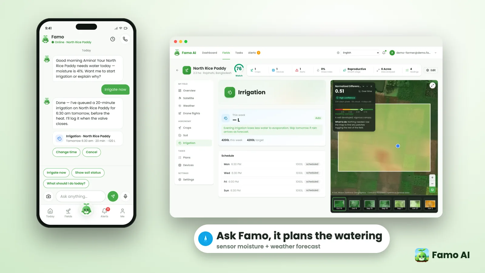 Famo AI chat where Famo queues an irrigation for a field and shows the schedule