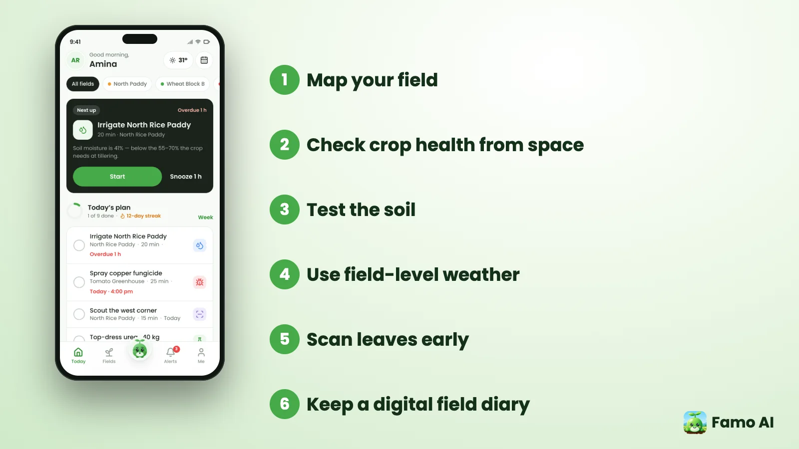 The Famo AI Today screen with tasks, weather and field status